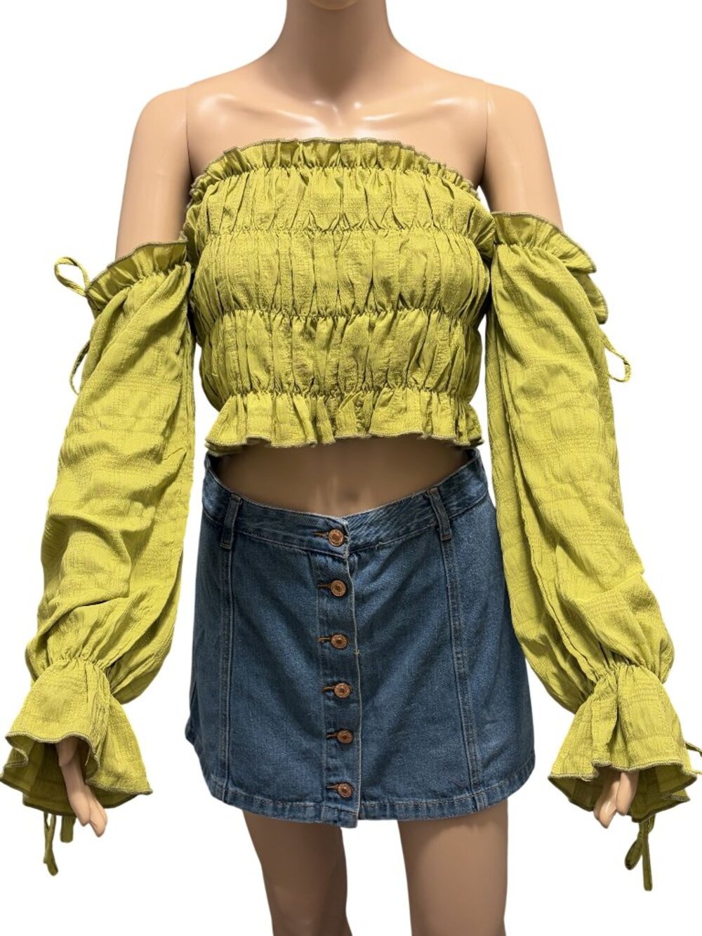 Green Long Sleeve Ruffle Off the Shoulder Crop Top Size Large